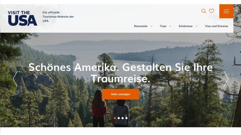 Official USA tourism website homepage in German featuring a scenic forest and lake view with travel invitation text