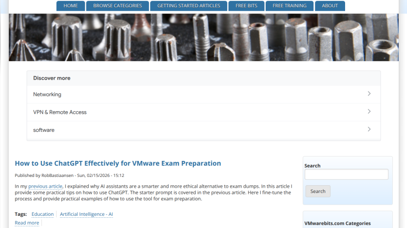 Article on using ChatGPT for VMware exam preparation with navigation links.