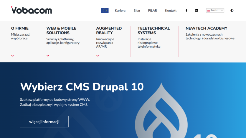 Vobacom website header with navigation and hero section promoting CMS Drupal 10 platform with a call to action button
