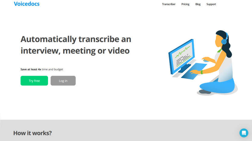 Homepage of VoiceDocs featuring a woman transcribing audio with a laptop and a call to action to try or log in.