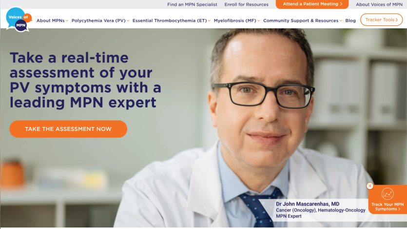 Website header and hero section offering real-time assessment of PV symptoms with a leading MPN expert, Dr John Mascarenhas.
