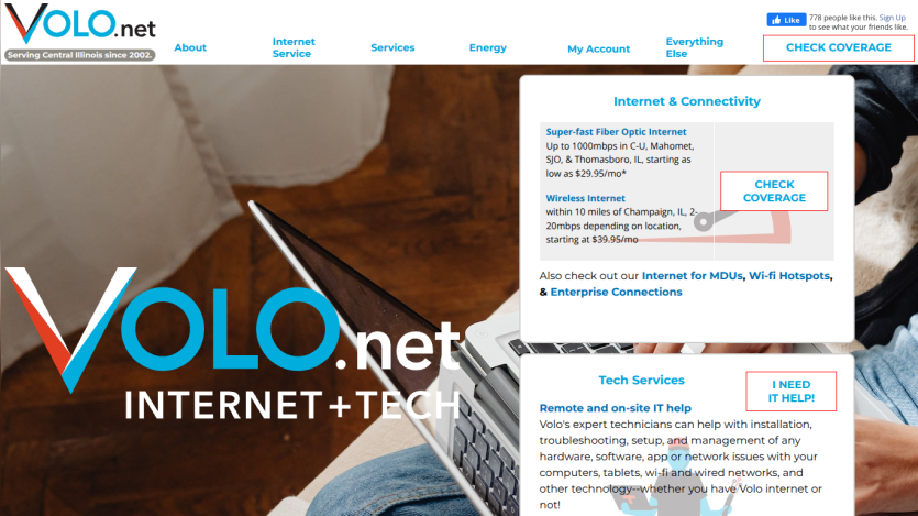 Volo.net homepage offering internet and tech services with fiber optic and wireless internet options and IT help