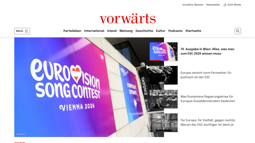 Homepage of vorwärts featuring the Eurovision Song Contest 2020 announcement.