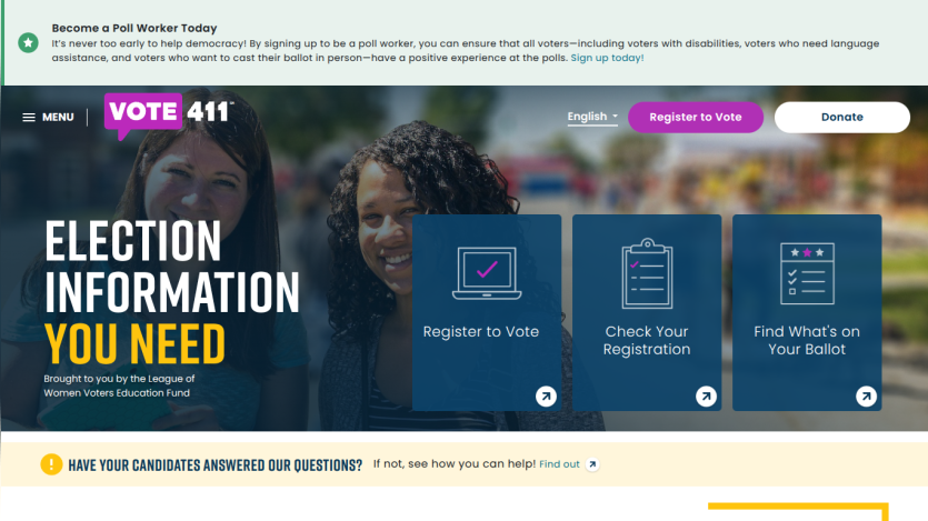 Election information with options to register, check registration, and find ballot details.