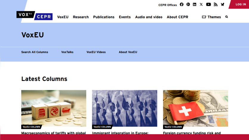 VoxEU homepage featuring latest columns with images and titles.