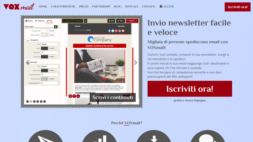 Voxmail website promoting easy newsletter creation with a call to action.