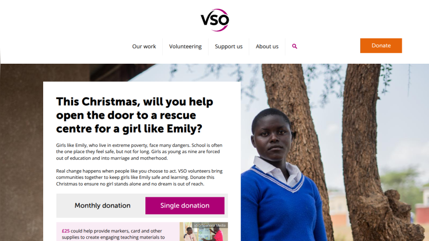 Charity website encouraging donations to support a rescue centre for girls like Emily facing extreme poverty and dangers.
