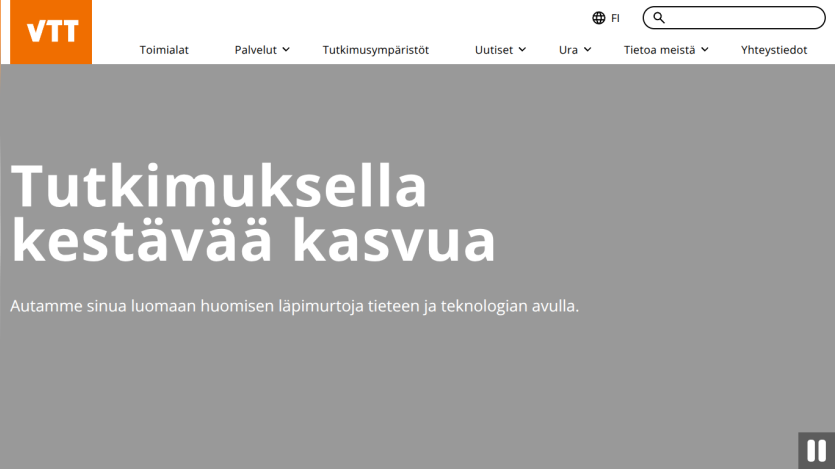 VTT website featuring a headline about sustainable growth and a brief description.