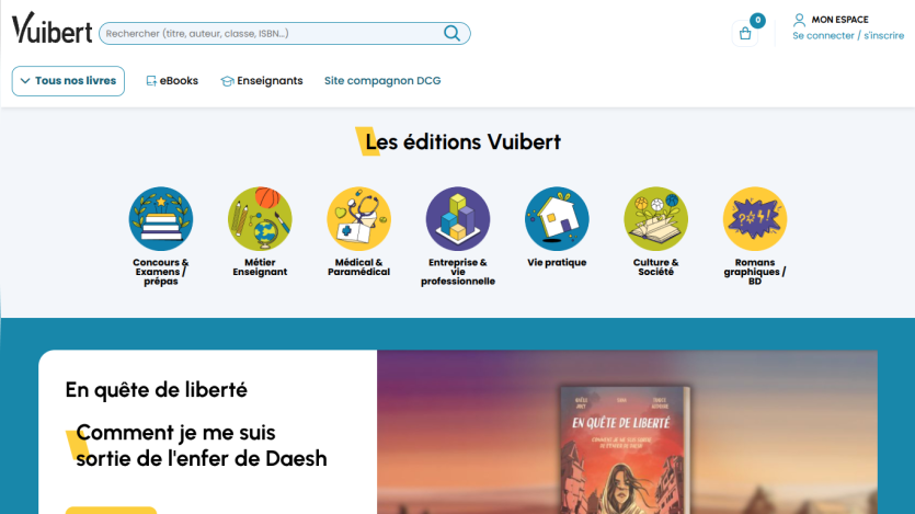 Vuibert editions homepage with categories and featured book 'En quête de liberté' about escaping Daesh