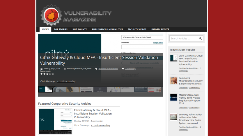 Vulnerability Magazine homepage featuring articles and a search bar.