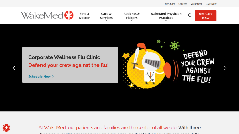 WakeMed homepage featuring a flu clinic promotion and navigation options.