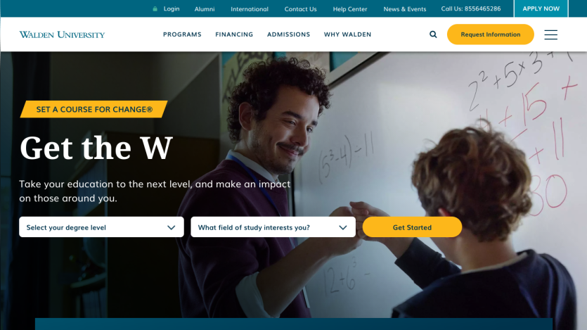 University homepage featuring a student and instructor with a call to action for education programs.