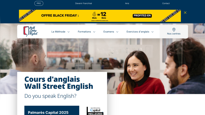 Wall Street English homepage offering English courses with navigation and Black Friday offer banner