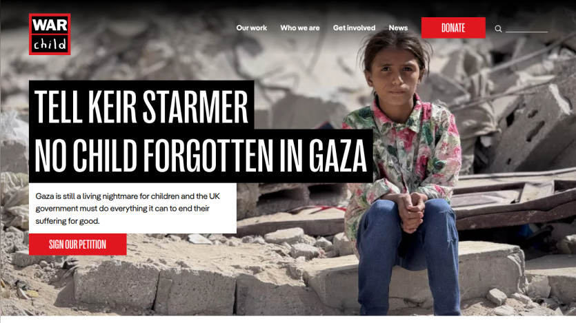 War Child website hero section with headline about Keir Starmer and children in Gaza, call to action button