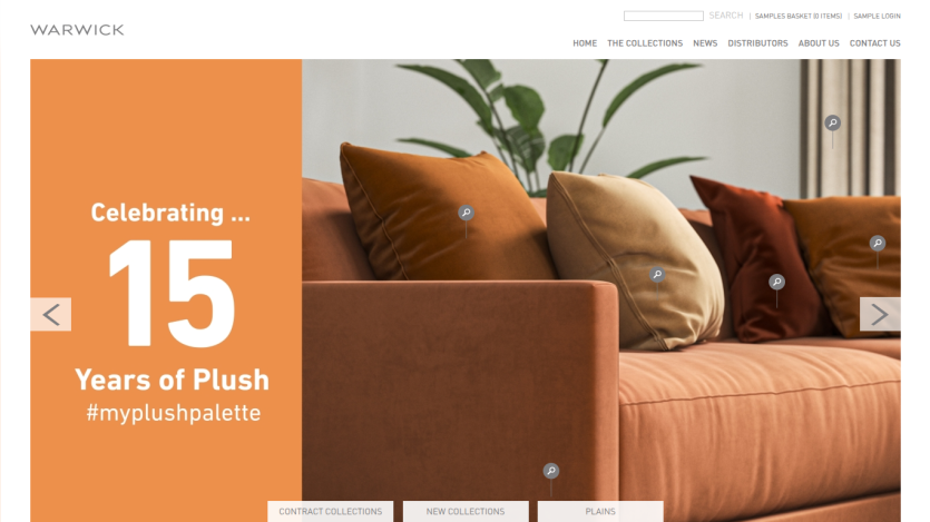 Warwick website celebrating 15 years of plush with a sofa and cushions in warm tones