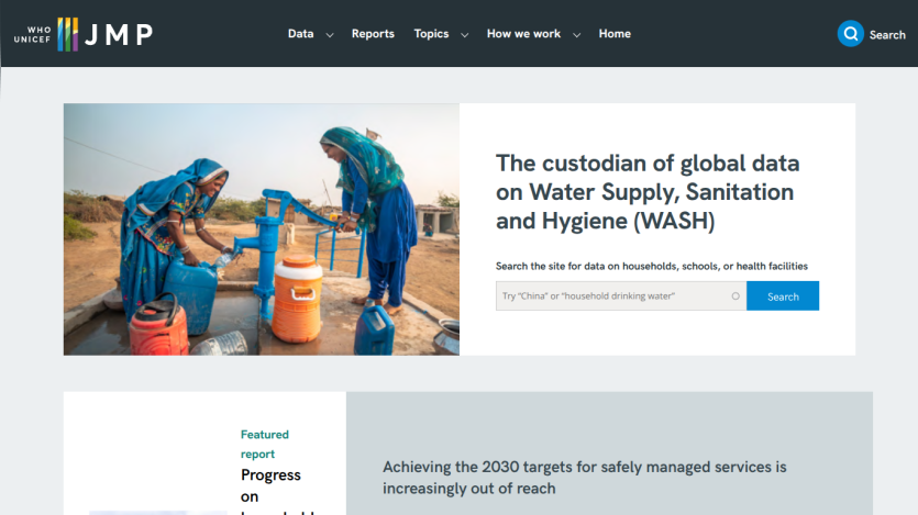 WHO UNICEF JMP site homepage with global data on Water Supply, Sanitation and Hygiene and a search bar