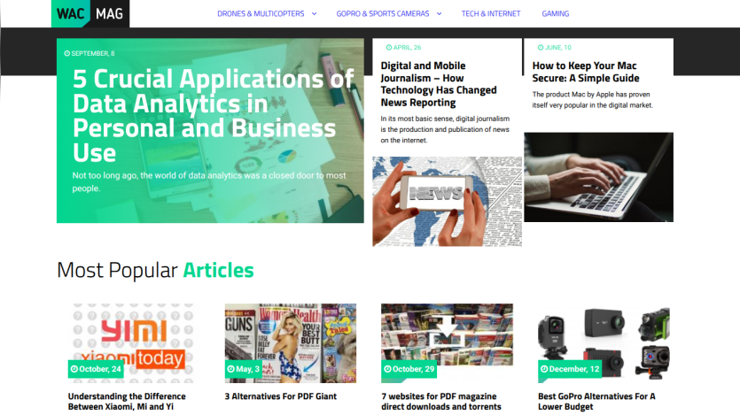 Homepage featuring articles on data analytics and technology with a navigation bar.