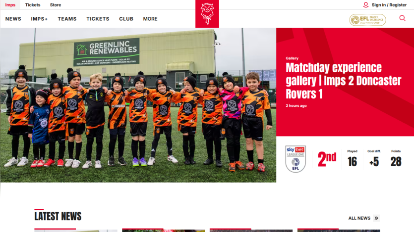 Youth soccer team photo with matchday experience gallery headline and league standings