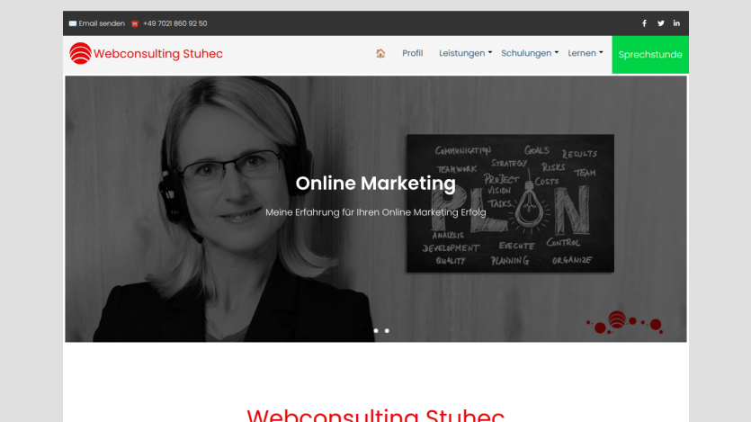 Website for web consulting featuring a professional in online marketing.