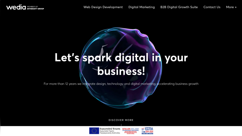 Wedia digital marketing agency homepage with headline 'Let's spark digital in your business!' and navigation menu