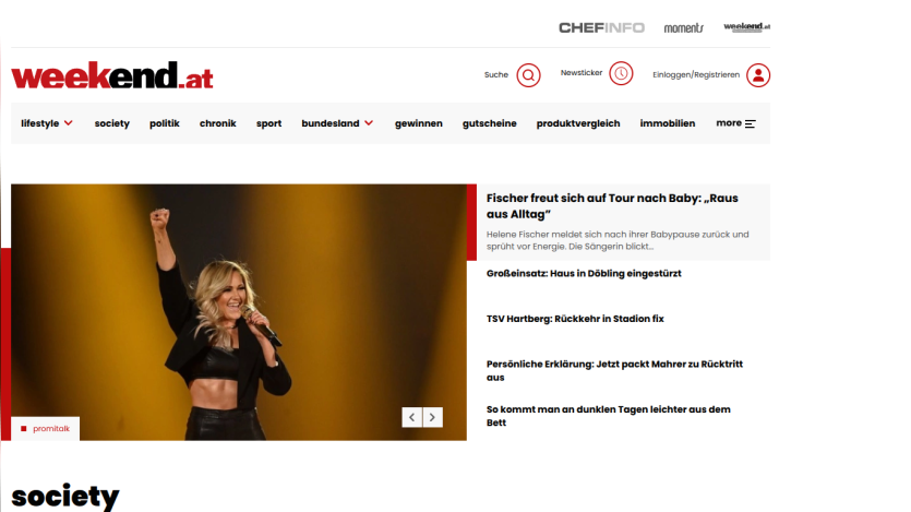 Weekend.at homepage featuring a woman speaking on stage and headlines about society and culture news