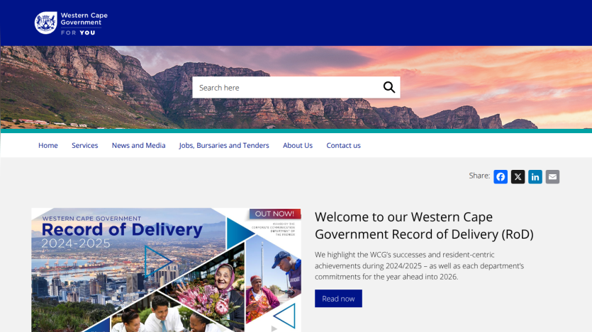 Western Cape Government homepage featuring Record of Delivery and welcome message.