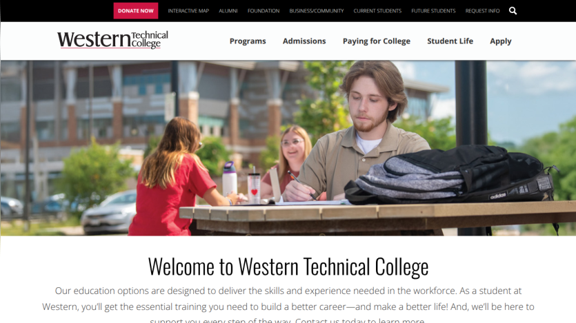Homepage of Western Technical College featuring students and welcome message.
