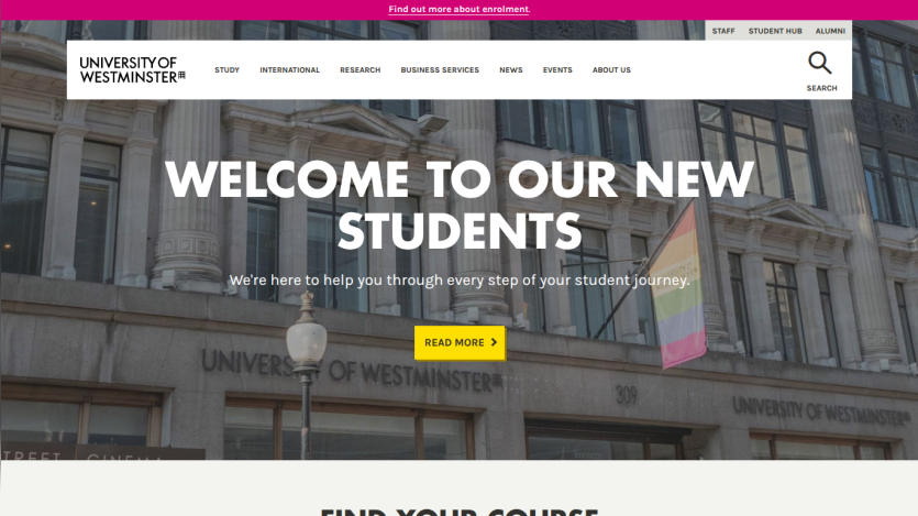 Welcome message for new students at the University of Westminster with navigation options.