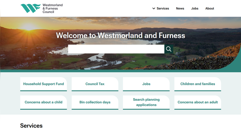 Westmorland and Furness Council homepage with search bar and quick links for services like Household Support Fund and Council Tax