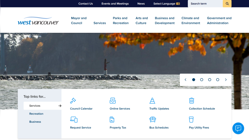 West Vancouver municipal website with navigation links and top service links including council calendar, online services, and traffic updates
