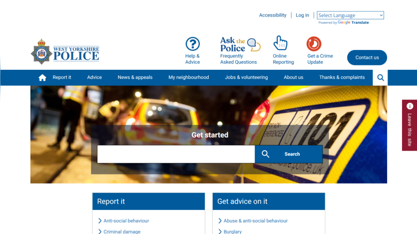 Homepage of the police website featuring a search bar and links to report issues.