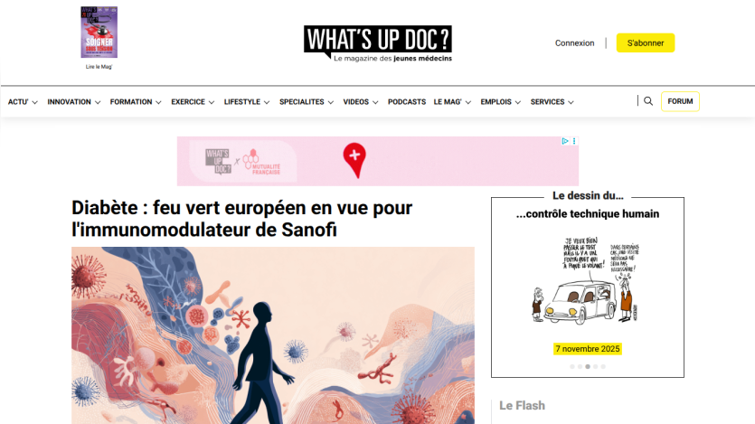 What's Up Doc? magazine homepage with headline on European approval for Sanofi's immunomodulator for diabetes