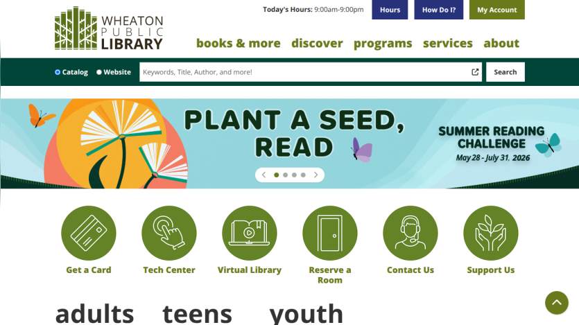 Wheaton Public Library homepage featuring a summer reading challenge banner and navigation options.