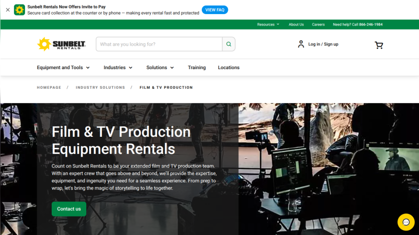 Film & TV production equipment rentals page with contact button and background image of a film crew working.