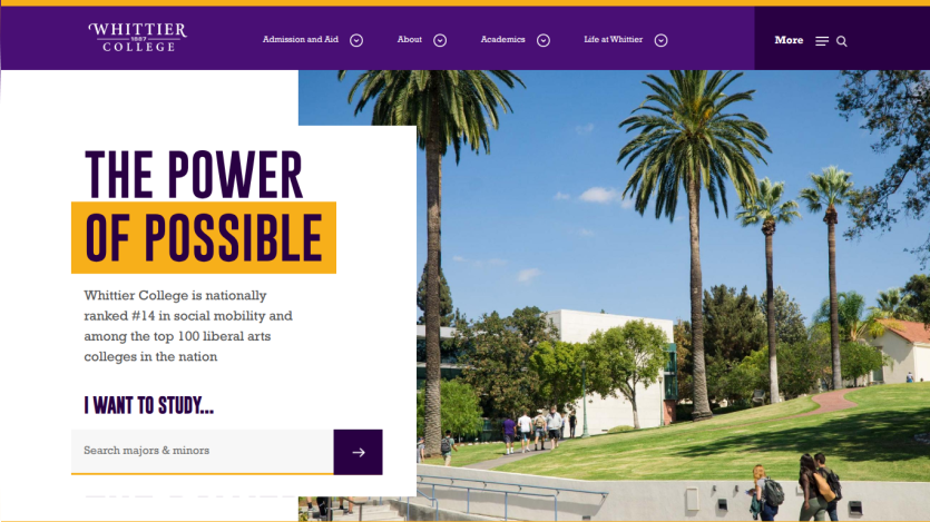 Whittier College homepage featuring 'The Power of Possible' and a scenic campus view.
