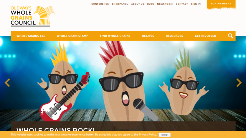 Whole Grains Council website featuring various grains and a message about gluten-free options.