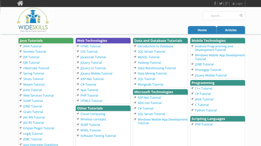 Website tutorial categories including Java, Web, Data, and Microsoft technologies.