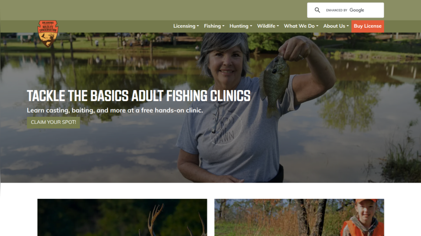 Fishing clinic promotion with a person holding a fish by a lake.