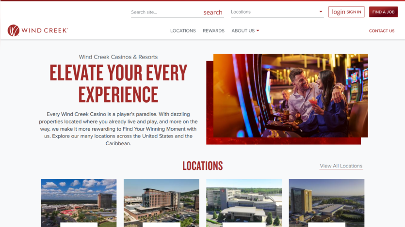 Wind Creek Casino homepage featuring the tagline 'Elevate Your Every Experience' and location images.