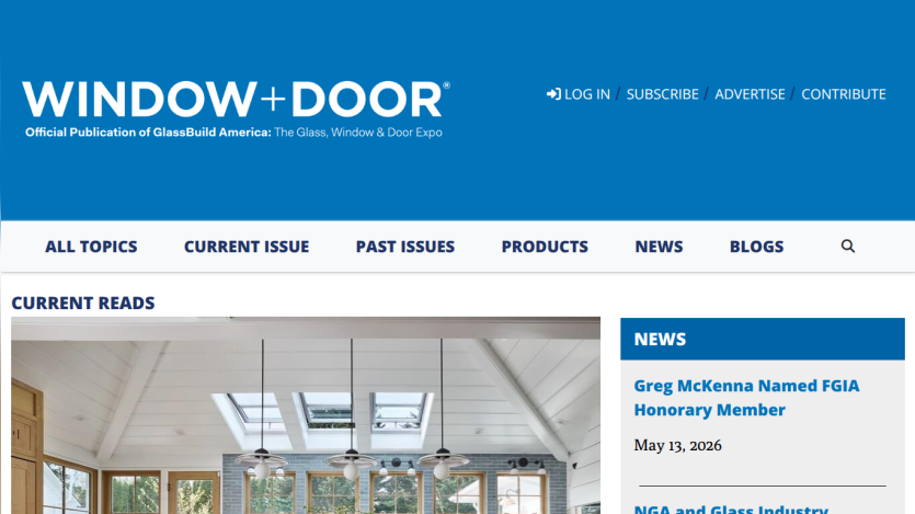 Homepage of Window + Door magazine featuring current reads and news updates.