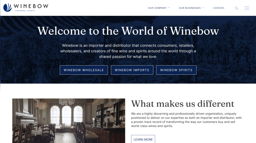 Winebow homepage with welcome message and navigation for company, businesses, and careers