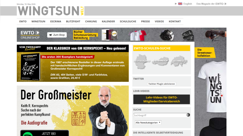 Homepage of WINGSUN featuring a martial arts instructor and promotional text.