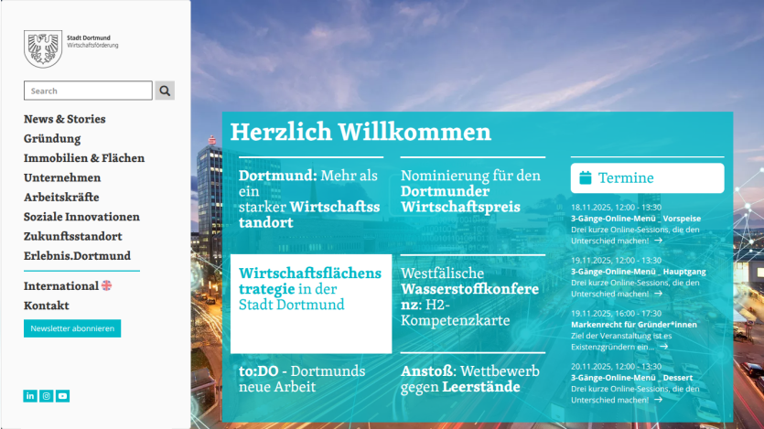 Welcome page for Stadt Dortmund Wirtschaftsförderung with news, events, and economic topics