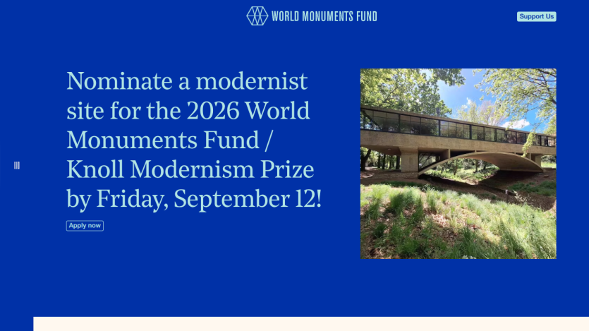 Call to nominate a modernist site for the 2026 World Monuments Fund Prize.