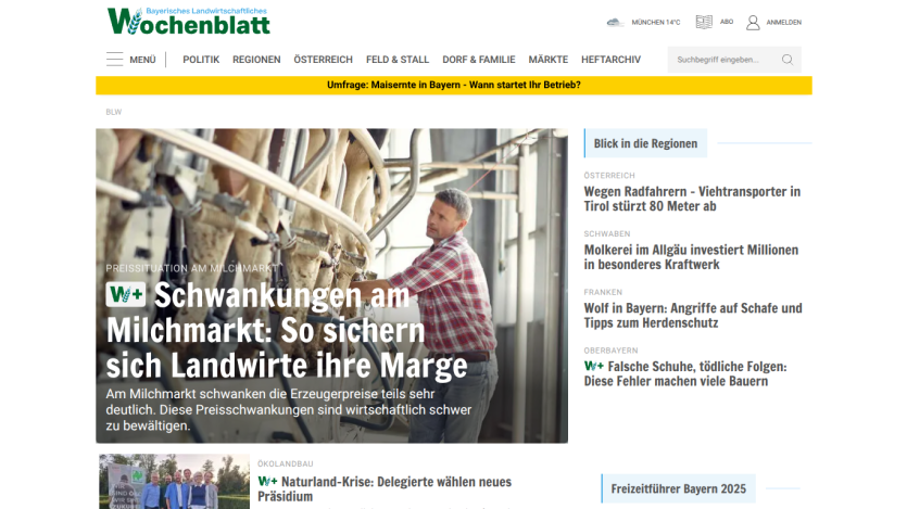 Homepage of Wochenblatt featuring an article on milk market fluctuations and a farmer in a barn.