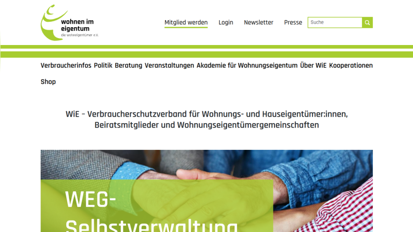 Website for consumer protection in housing, featuring WEG self-management information.
