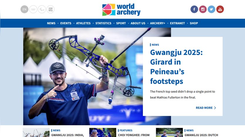 World Archery homepage featuring news about Gwangju 2025 and an athlete with a bow.