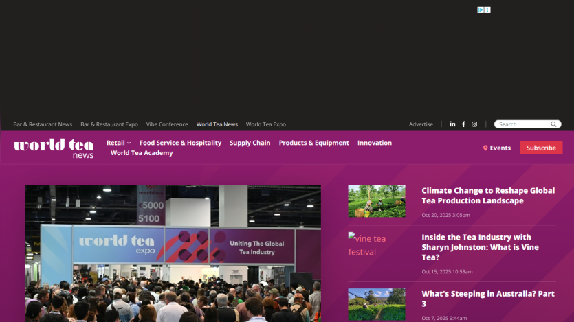 World Tea News homepage with navigation, event image, and recent articles on tea industry topics
