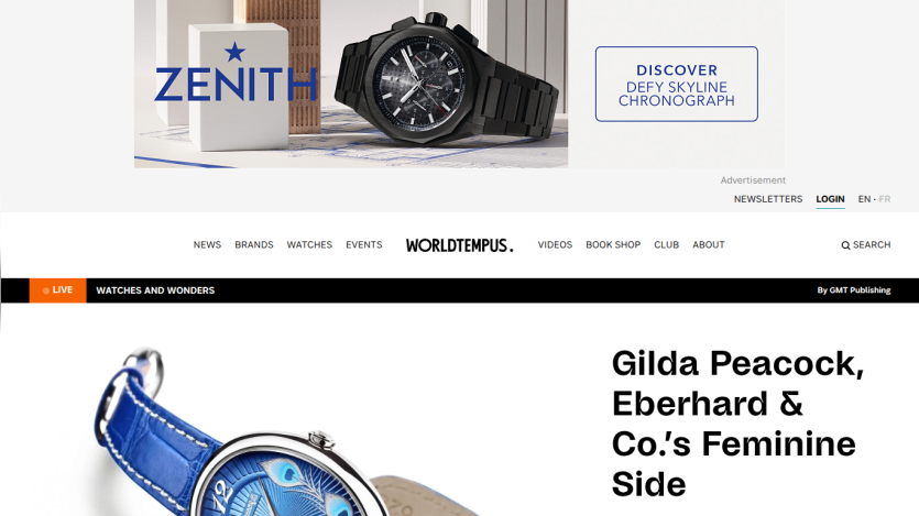 Zenith watch advertisement with a blue watch and article on feminine watch designs.