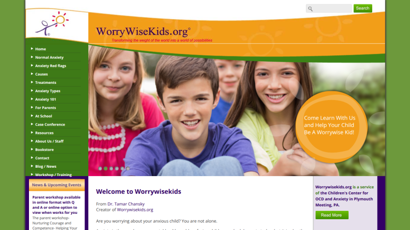 Homepage of WorryWiseKids.org featuring children and a welcome message.